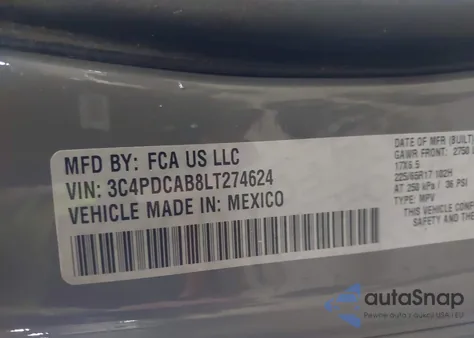 2020 Dodge Journey Se Value z USA, uszkodzony, nr VIN 3C4PDCAB8LT274624